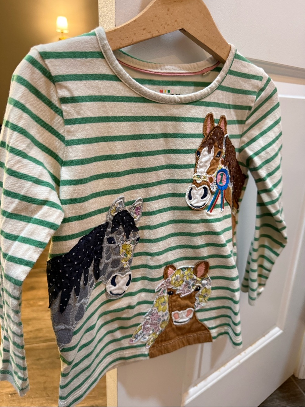 Mini Boden Girls' Green Stripe Horse Appliqué Long Sleeve Top